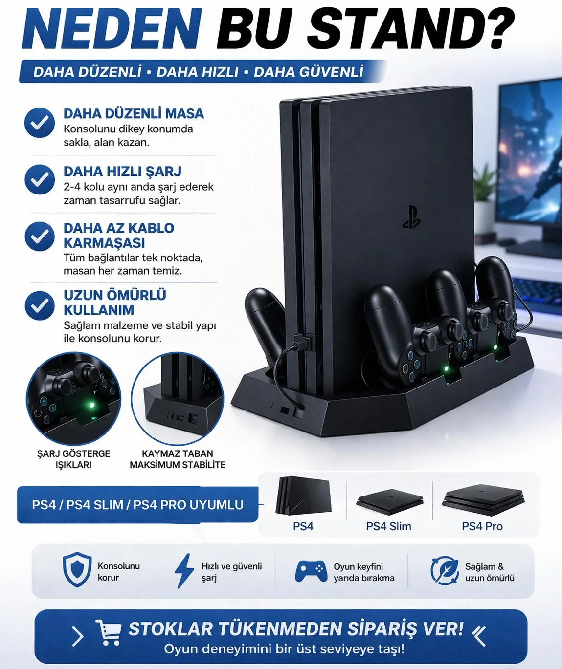 PS4 Dikey Stand ve Şarj İstasyonu – Slim/Pro Uyumlu – ürün görseli 6