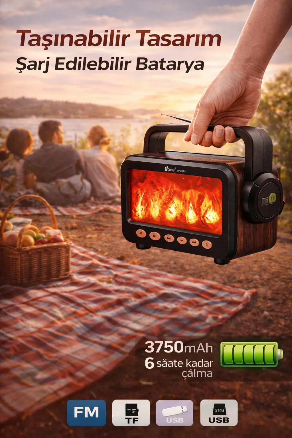 Ateş Efektli Bluetooth Hoparlör – Solar Şarj, FM – ürün görseli 6