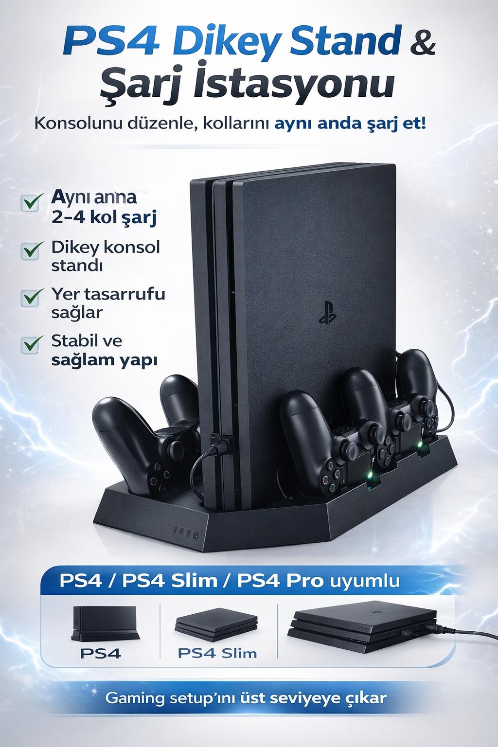PS4 Dikey Stand ve Şarj İstasyonu 2-4 Kol Şarj Dock PS4 Slim Pro Uyumlu