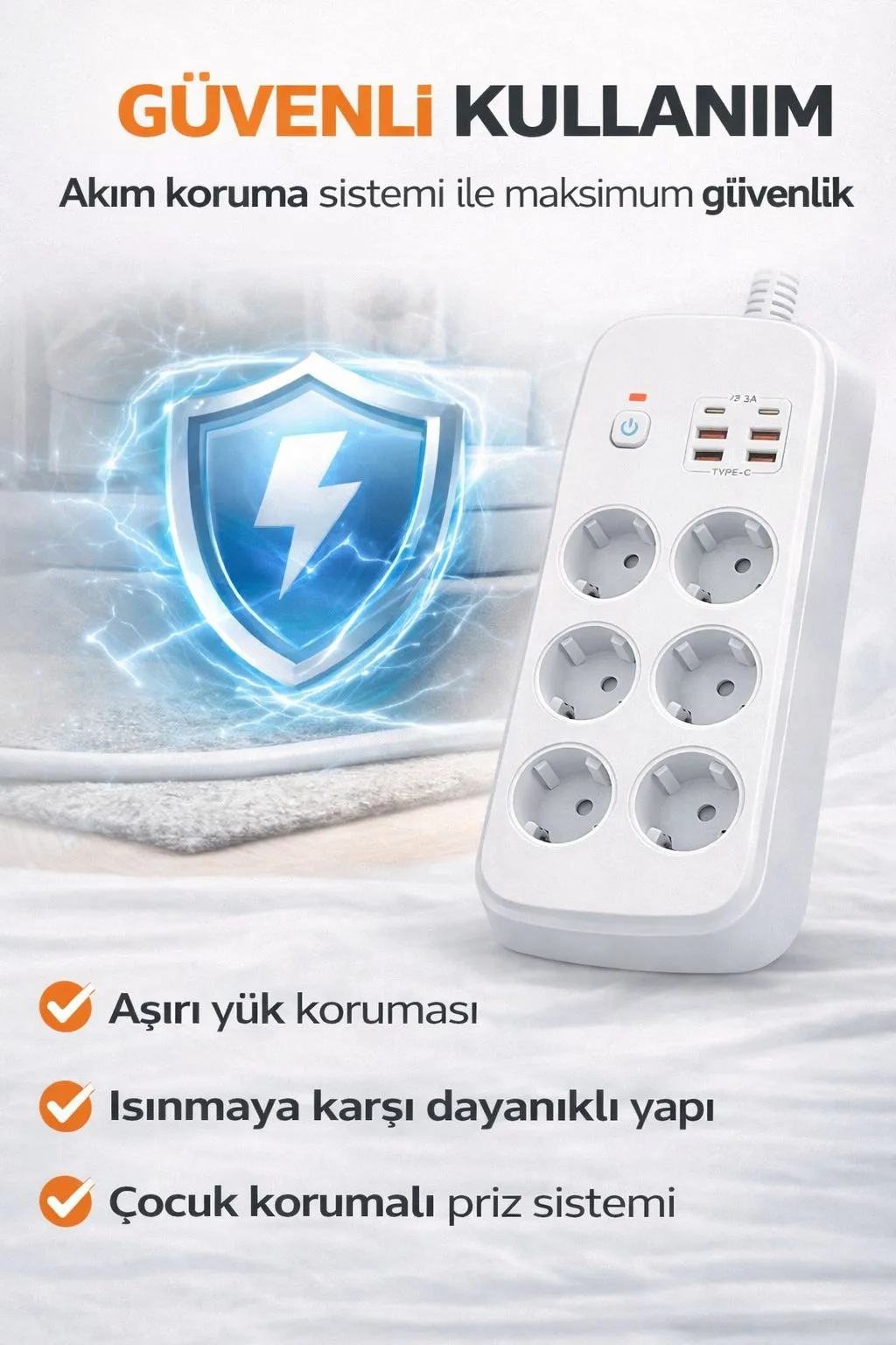 6’lı Akım Korumalı Priz – USB, Type-C, 3500W – ürün görseli 11