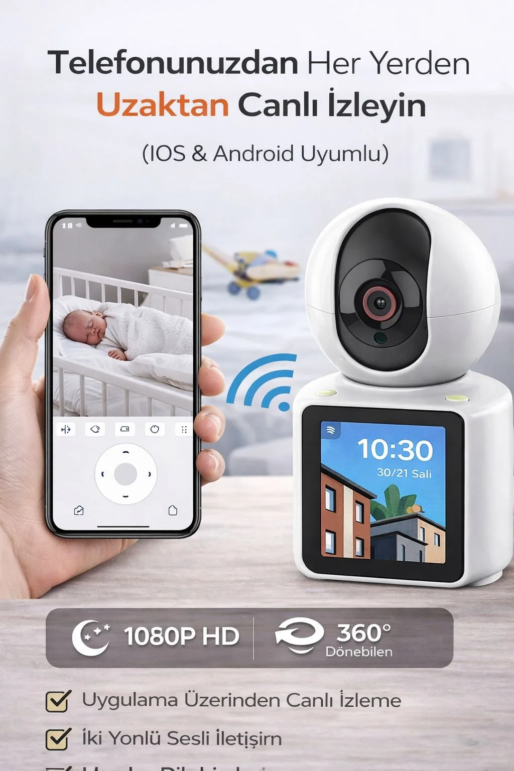 1080P Bebek ve Güvenlik Kamerası – 360° Hareket Takip – ürün görseli 3