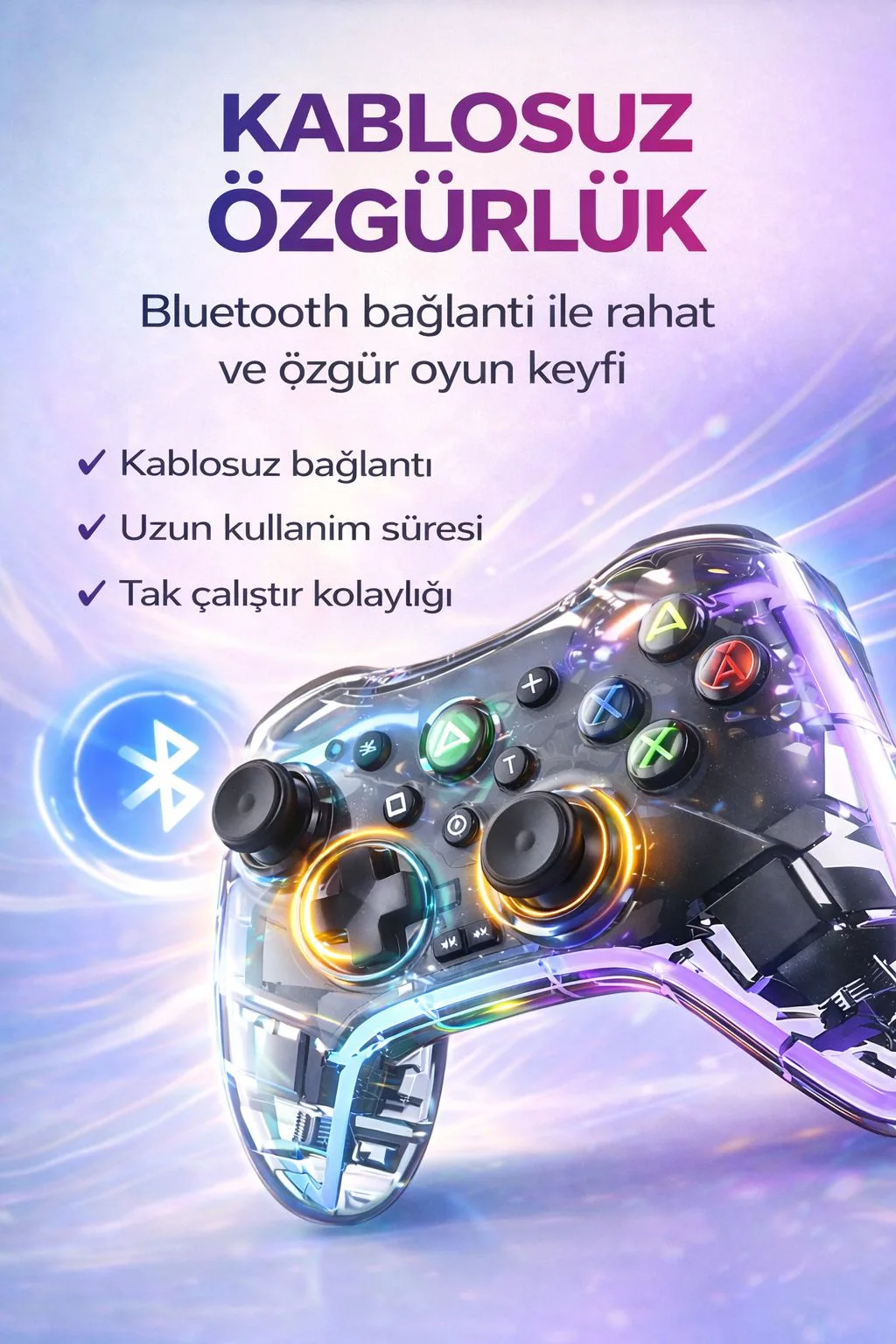 Şeffaf RGB Kablosuz Oyun Kolu – Titreşimli Gamepad – ürün görseli 4