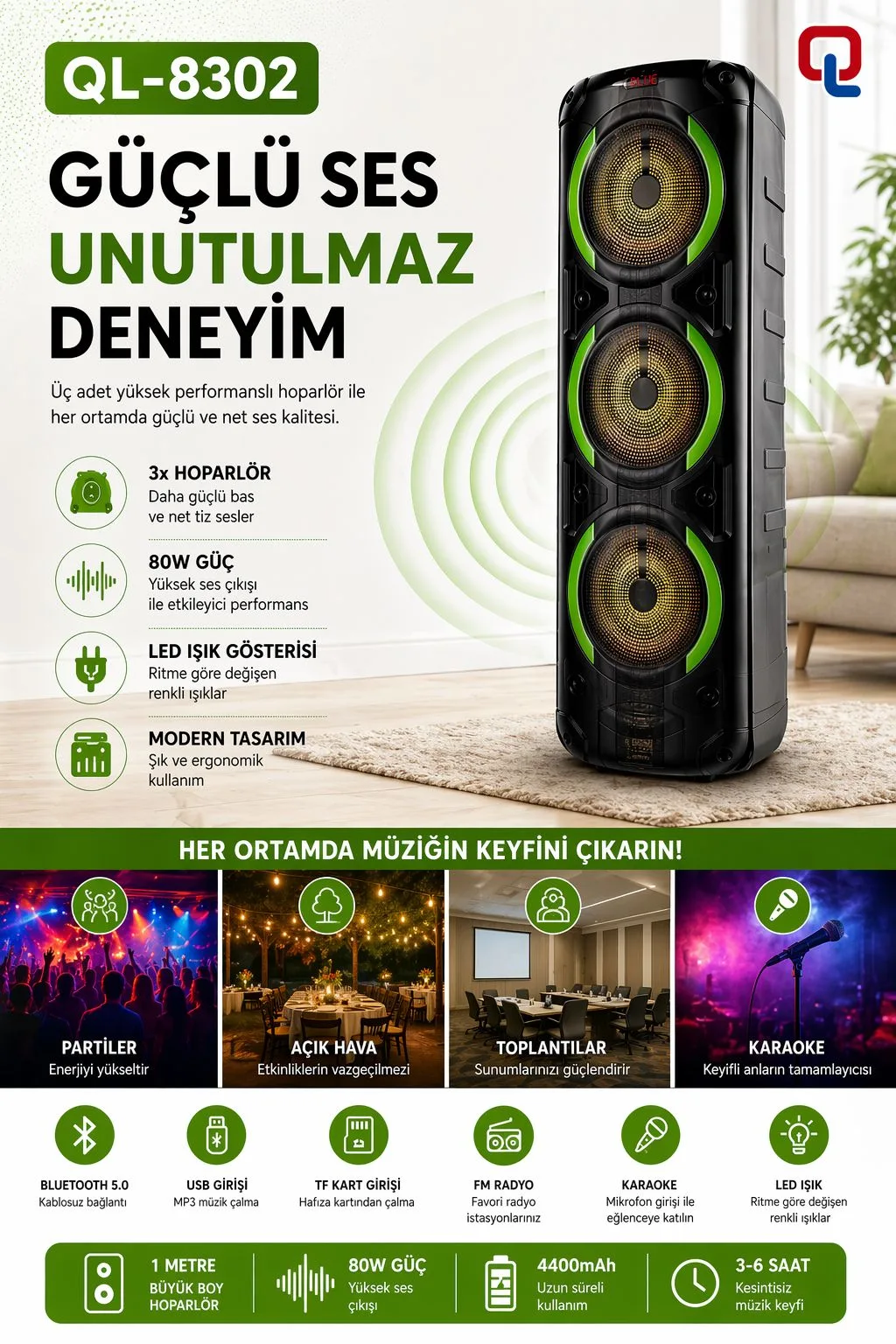 QL-8302 1 Metre Karaoke Bluetooth Hoparlör – LED – ürün görseli 5