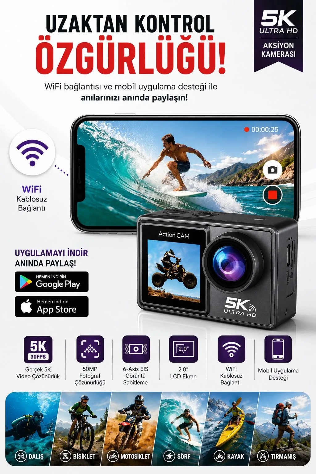 5K Aksiyon Kamerası – WiFi, 50MP, Su Geçirmez Kılıf – ürün görseli 3