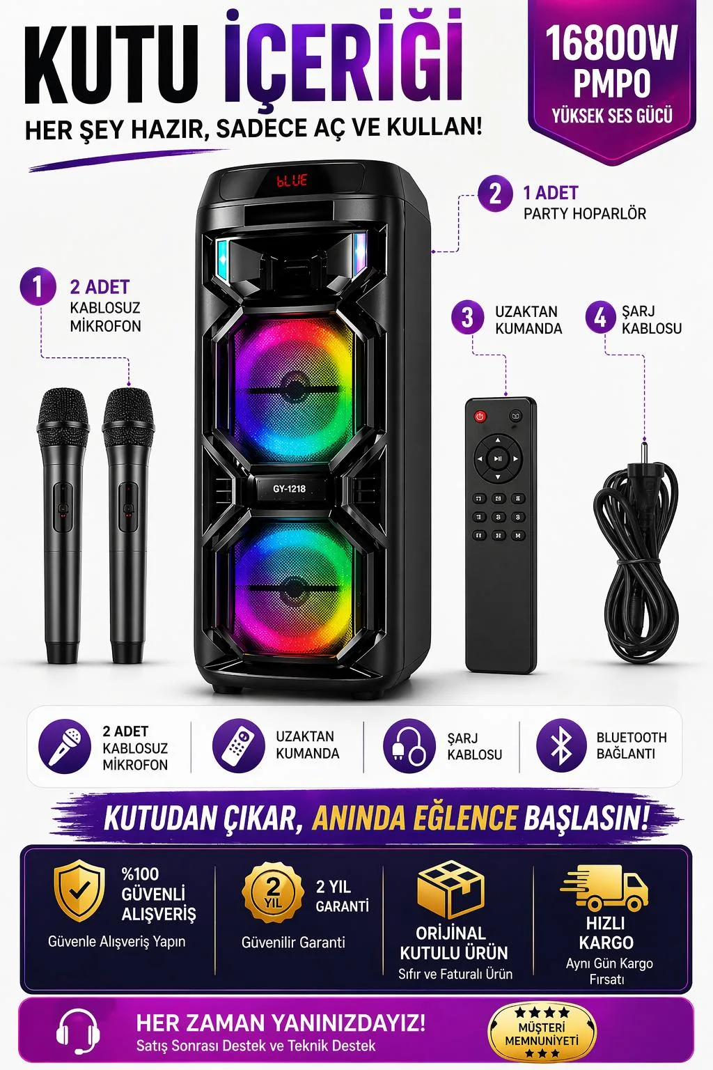 GY-1218 100 cm Party Hoparlör – Mikrofonlu, RGB – ürün görseli 3
