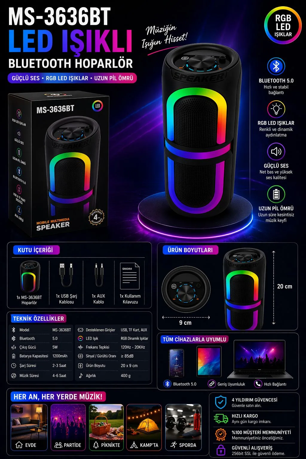 MS-3636BT Bluetooth Hoparlör – RGB LED – ürün görseli 5