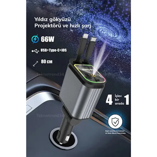 Bakeey 65W Araç Şarj Cihazı – Type-C, Yıldız Tavan LED