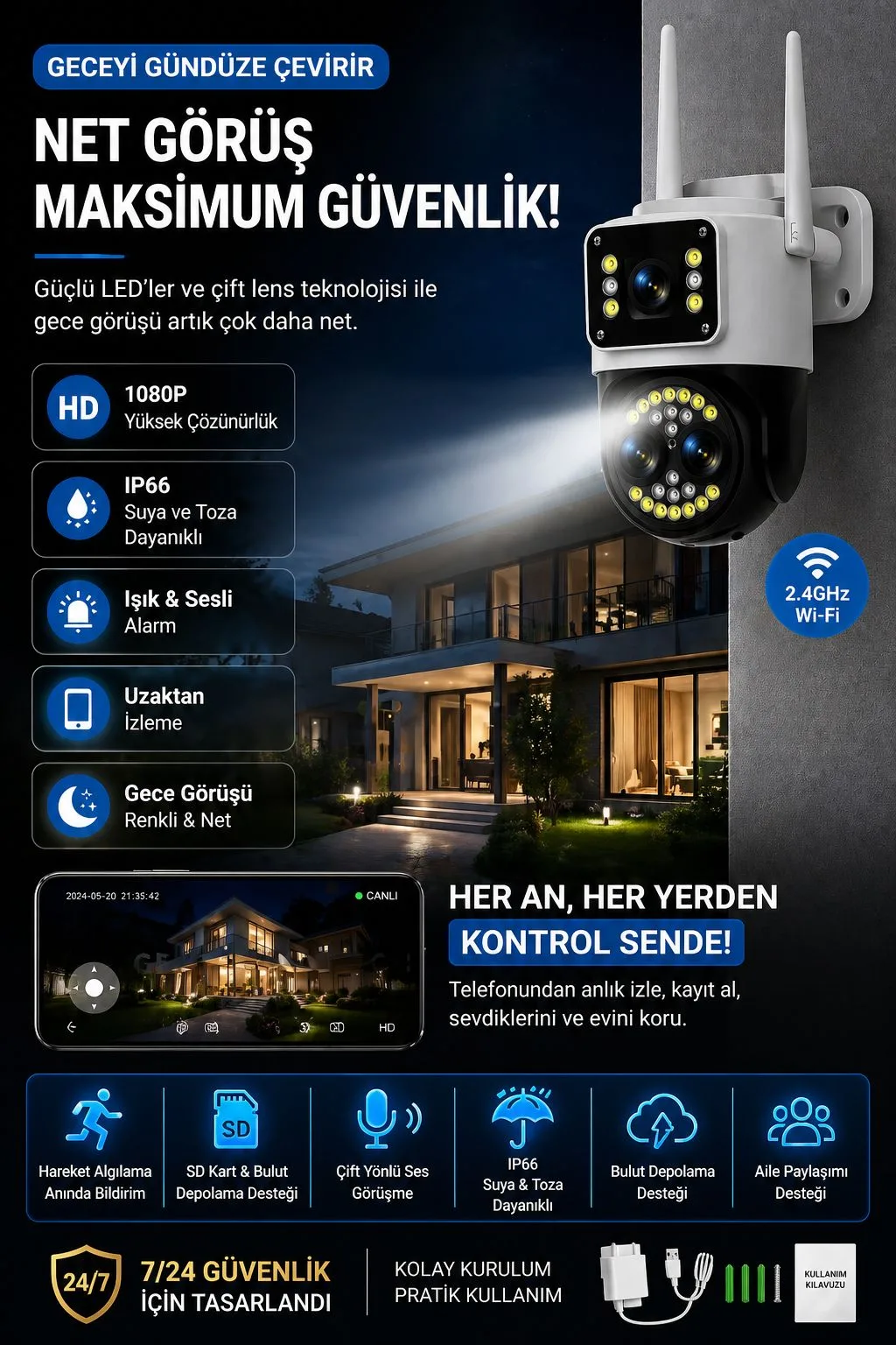 1080P WiFi Güvenlik Kamerası – IP66, Gece Görüş – ürün görseli 2
