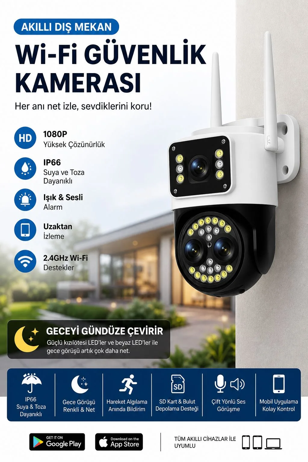 1080P WiFi Güvenlik Kamerası – IP66, Gece Görüş