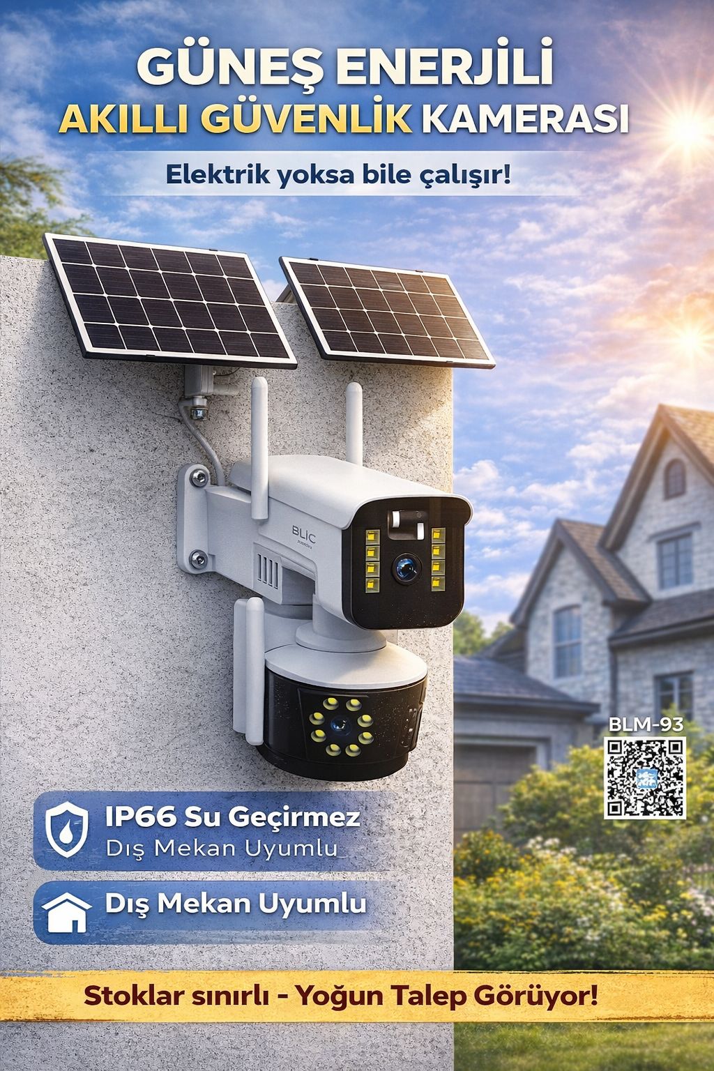 Güneş Enerjili Güvenlik Kamerası IP66 Kablosuz 360° WiFi Dış Mekan Gece Görüşlü