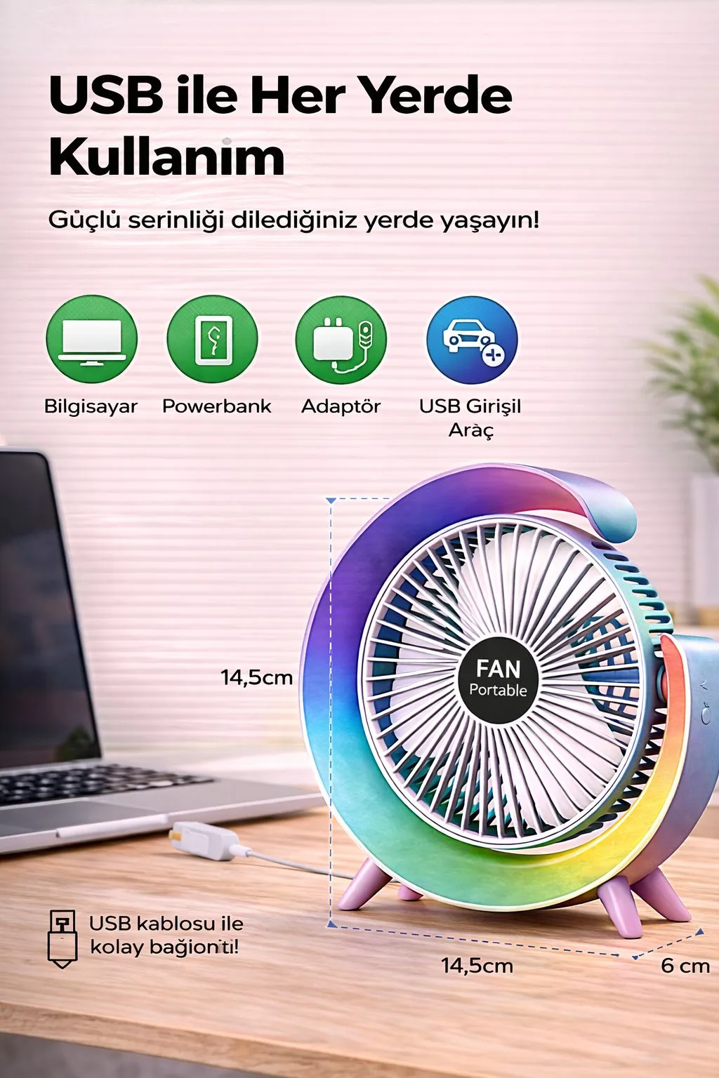 USB Şarjlı Mini Masaüstü Vantilatör – 4 Kademe – ürün görseli 4