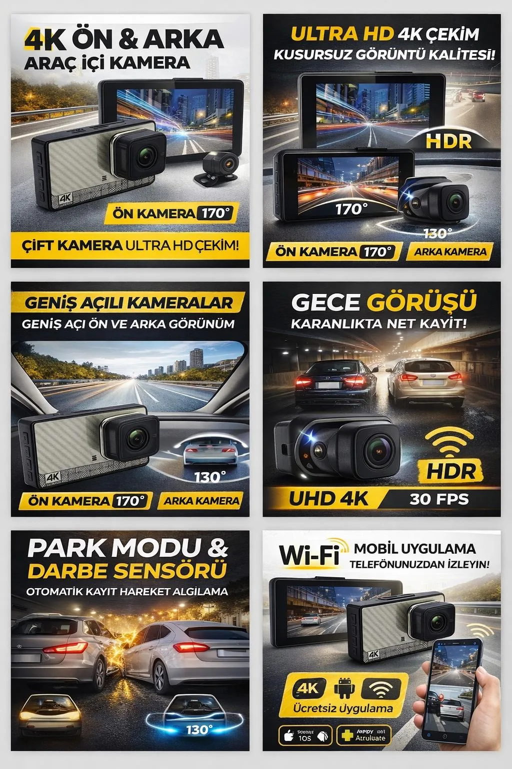4K Ön Arka Araç Kamerası – WiFi, HDR, 170° – ürün görseli 8