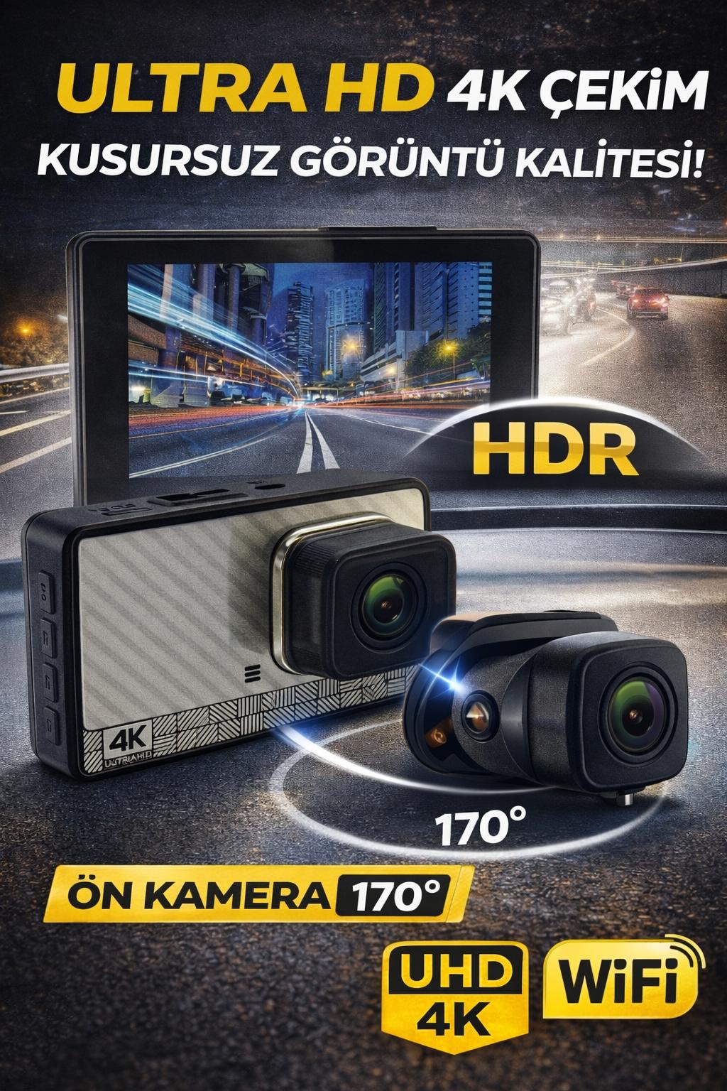 4K Araç Kamerası Ön Arka Çift Lens Wifi HDR 170° Geniş Açı Gece Görüşlü Dashcam