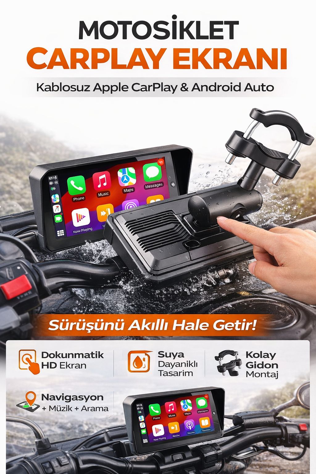 Motosiklet CarPlay Ekran Su Geçirmez Navigasyon Bluetooth Android Auto Motor Ekranı
