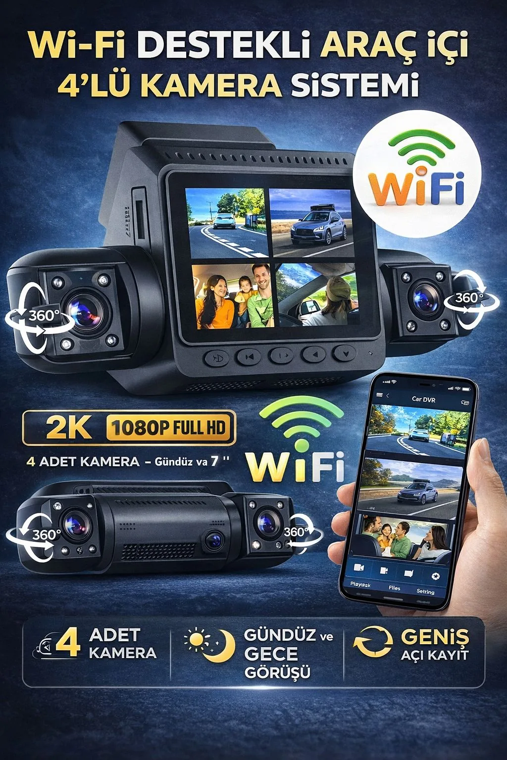 4 Kameralı Araç İçi Kamera – 1080P, WiFi, Gece Görüş – ürün görseli 7