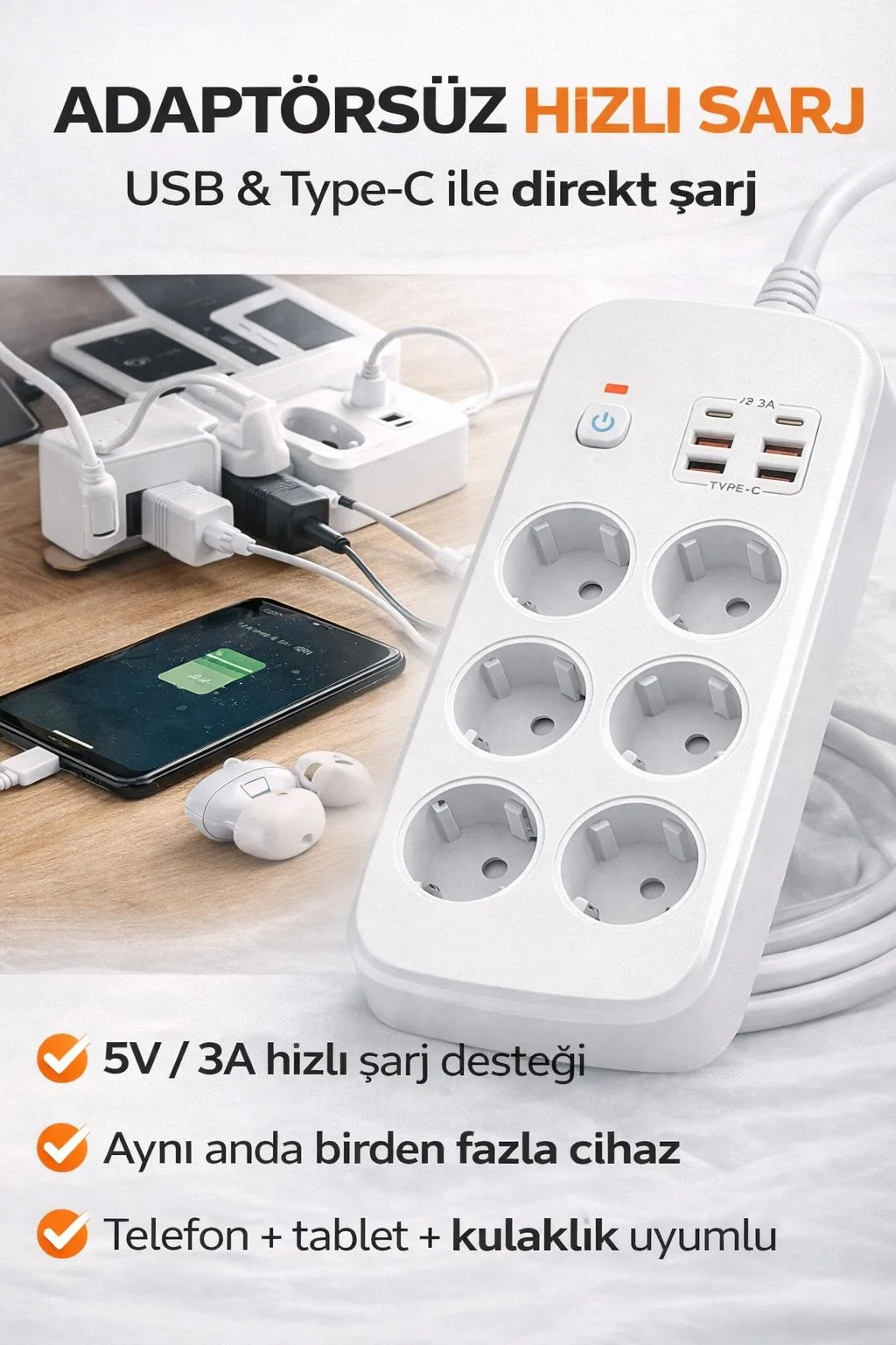 6’lı Akım Korumalı Priz – USB, Type-C, 3500W – ürün görseli 4