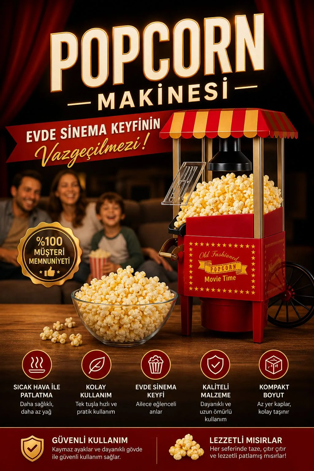 Retro Popcorn Makinesi – Ev Tipi Mısır Patlatma