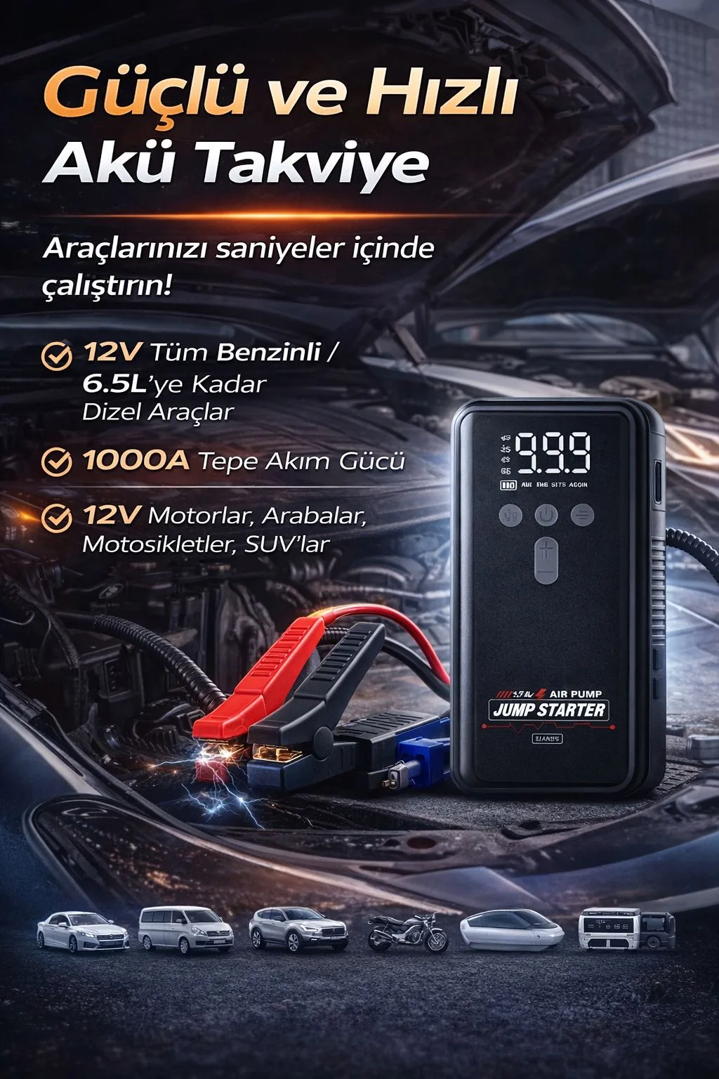 16.000mAh Akü Takviye Cihazı – 1000A, 12V, Kompresör