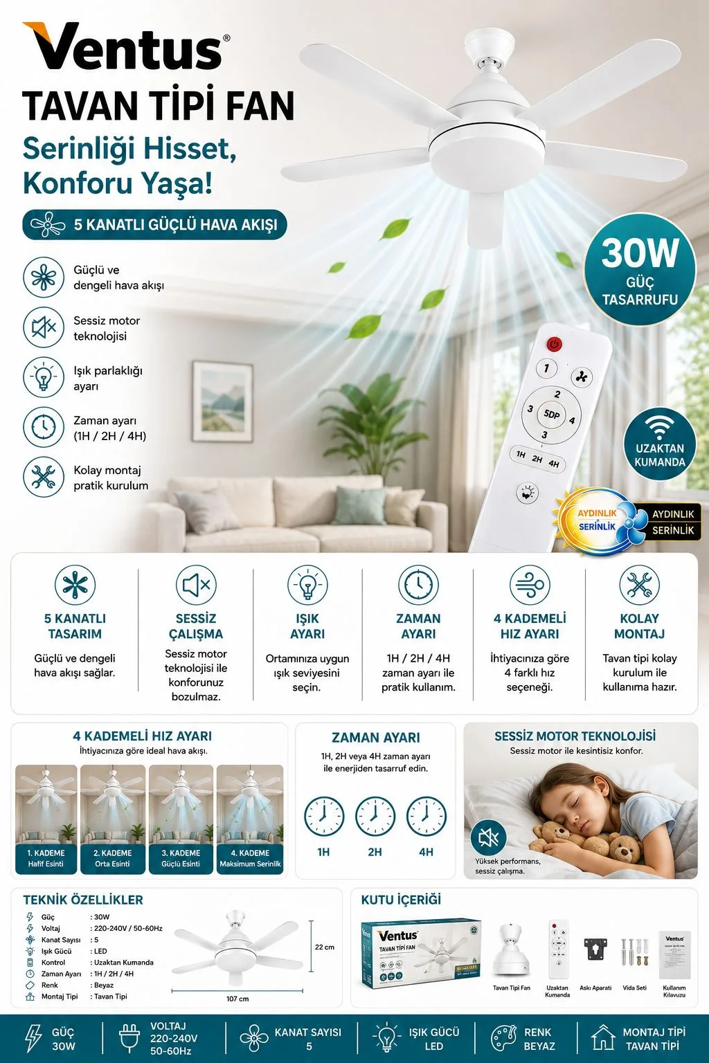 Ventus Tavan Tipi Fan – Kumandalı, LED, 5 Kanat – ürün görseli 7