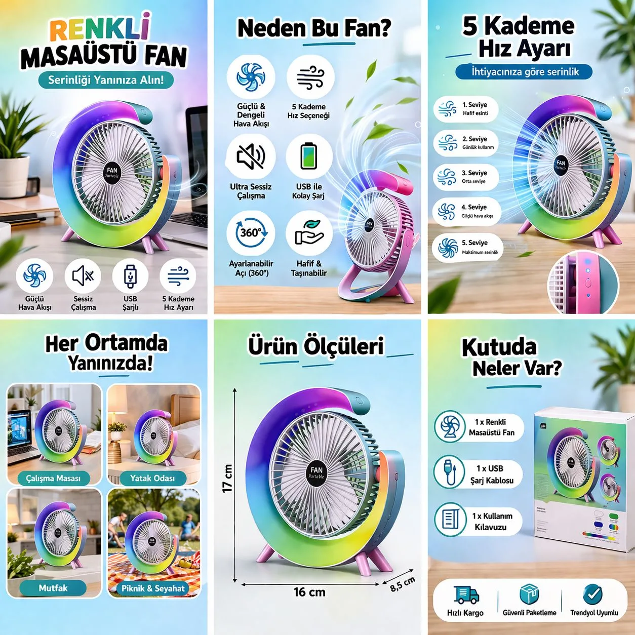 USB Şarjlı Mini Masaüstü Vantilatör – 4 Kademe – ürün görseli 2