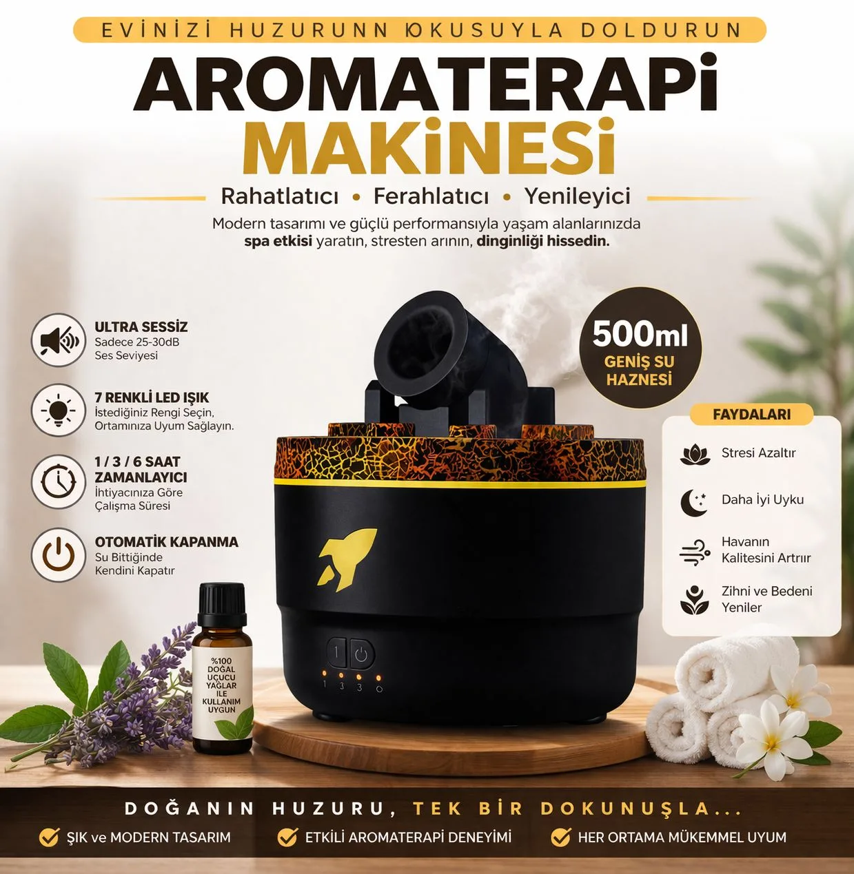 500 ml Aromaterapi Difüzör – LED Işıklı Nemlendirici – ürün görseli 7