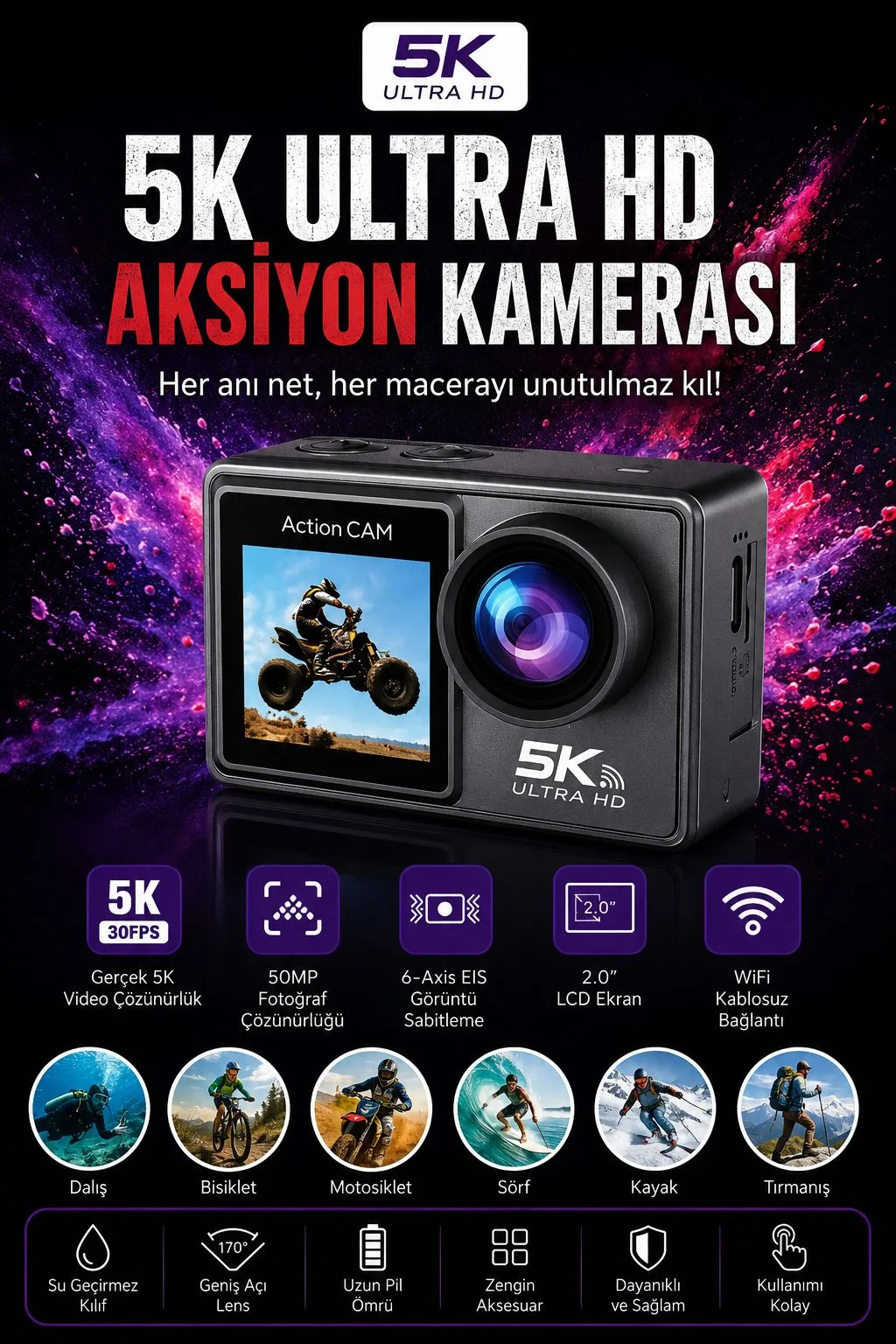 5K Aksiyon Kamerası – WiFi, 50MP, Su Geçirmez Kılıf