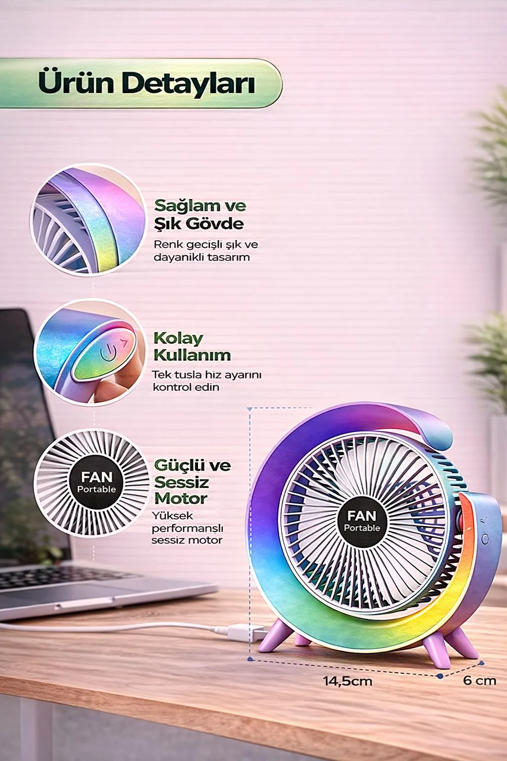 USB Şarjlı Mini Masaüstü Vantilatör – 4 Kademe – ürün görseli 6