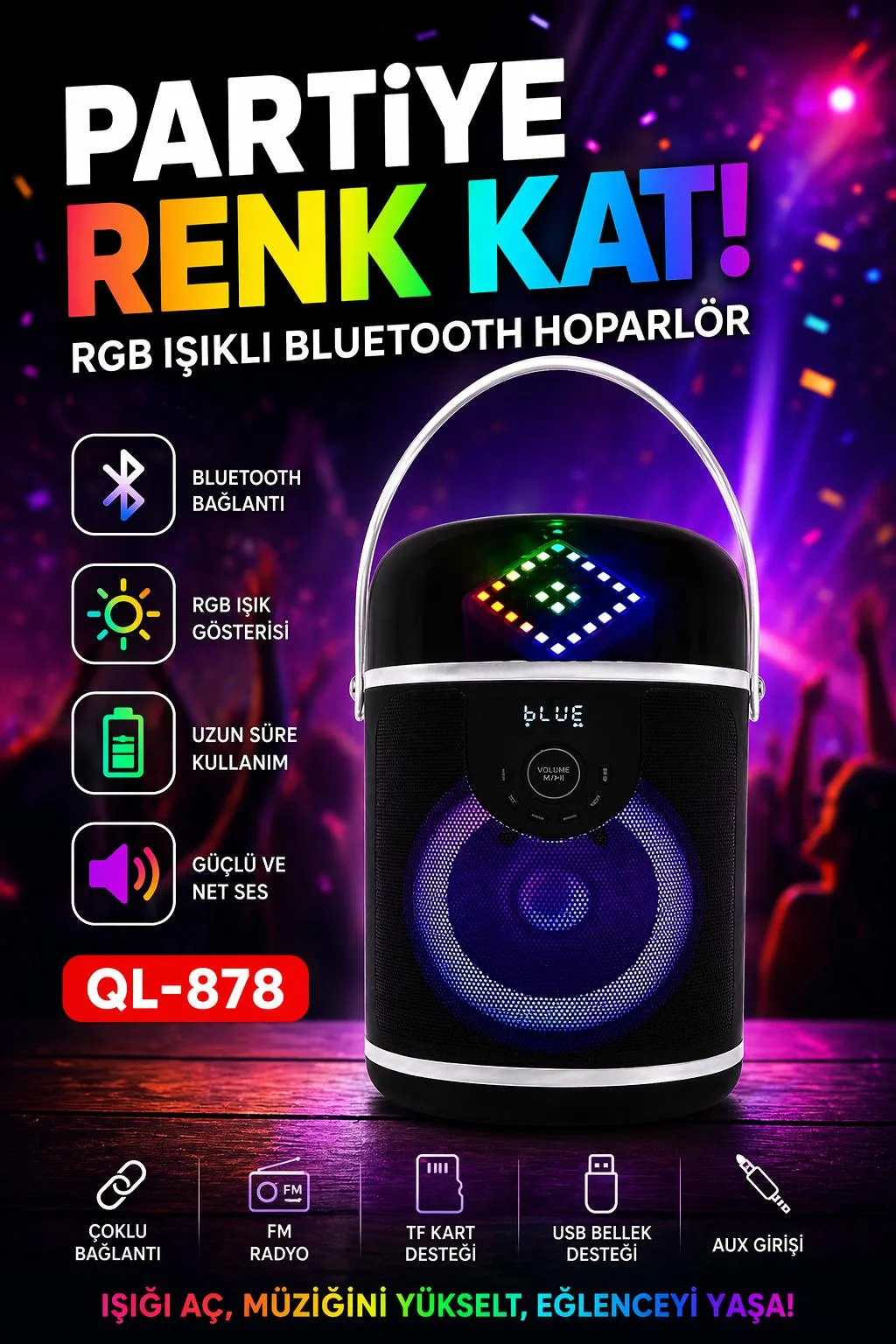 QL-878 Bluetooth Hoparlör – RGB, FM, USB, AUX