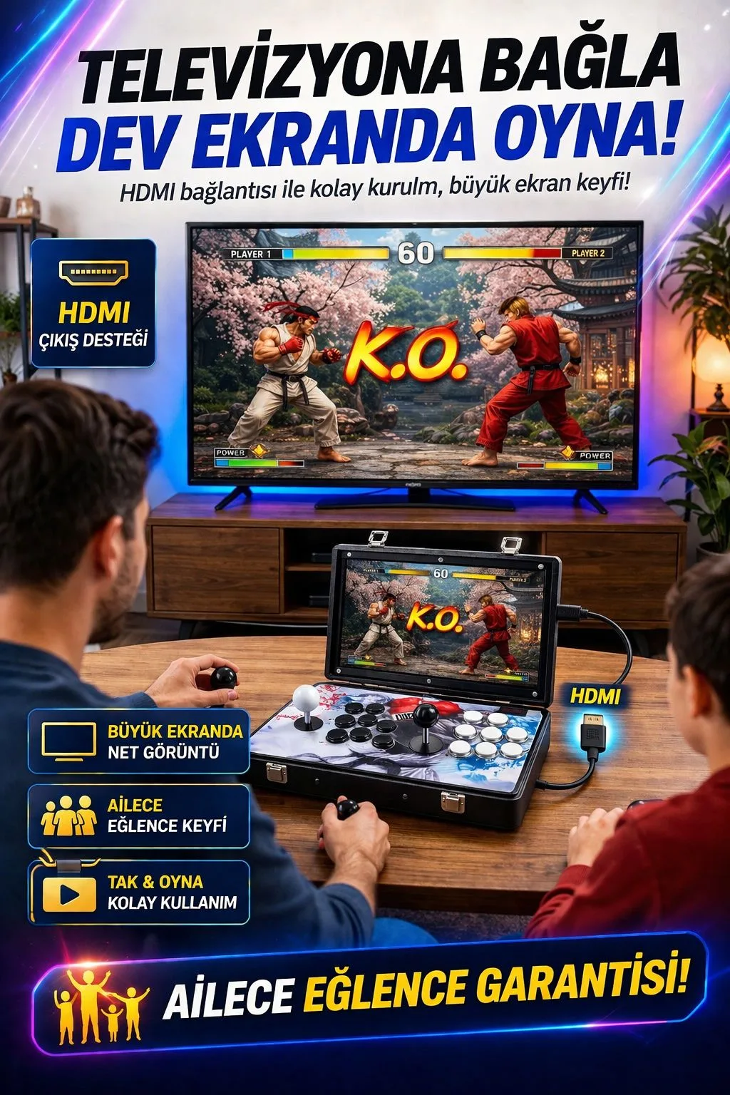 2 Kişilik Arcade Oyun Konsolu – HDMI, Joystick – ürün görseli 3