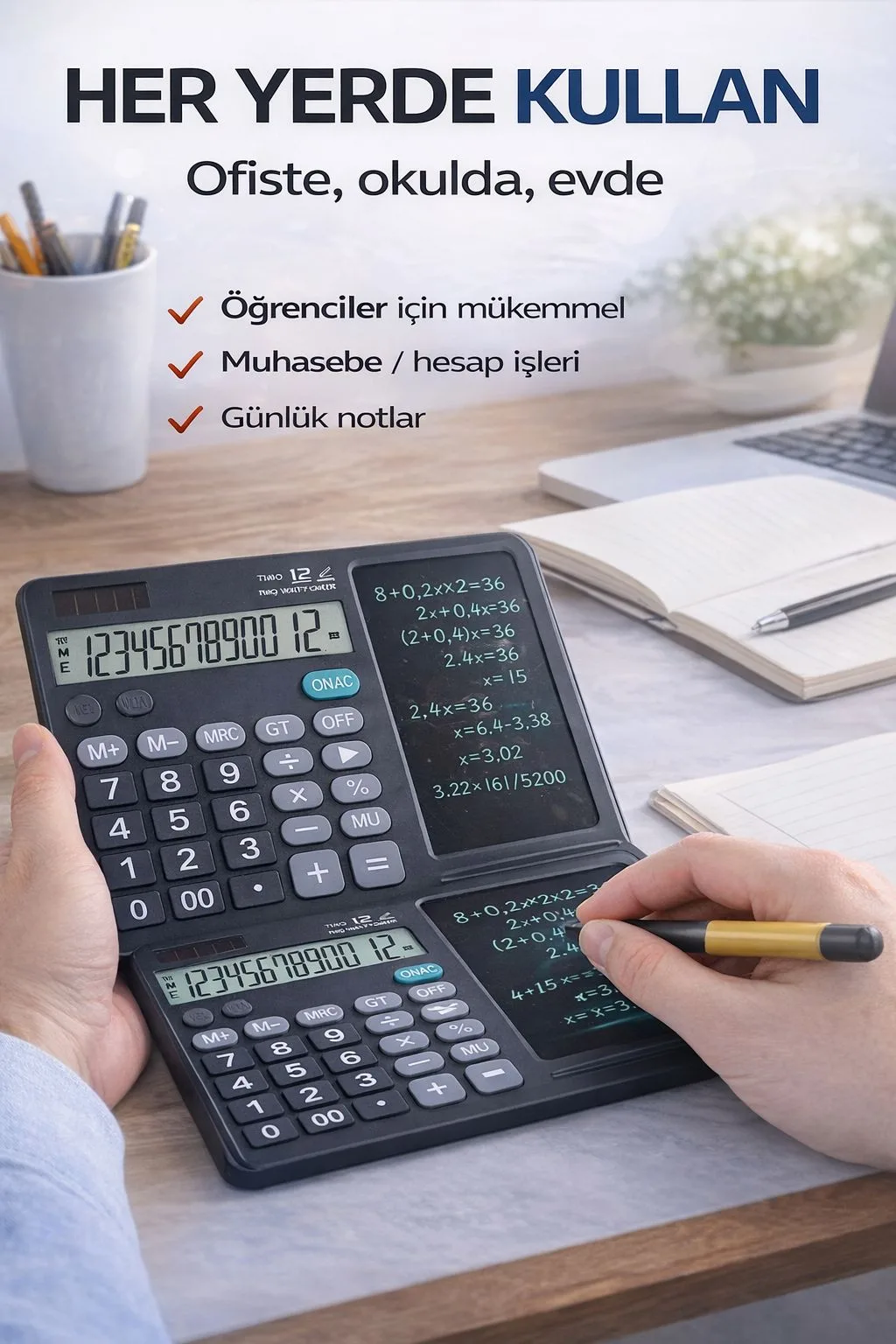 2’si 1 Arada Hesap Makinesi ve LCD Yazı Tableti – ürün görseli 4