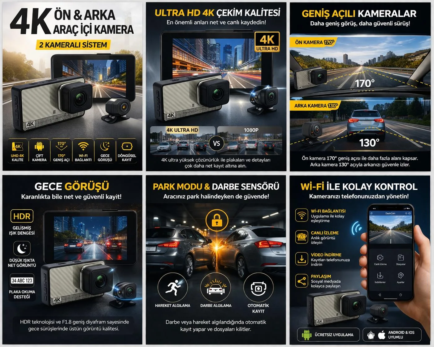 4K Ön Arka Araç Kamerası – WiFi, HDR, 170° – ürün görseli 6