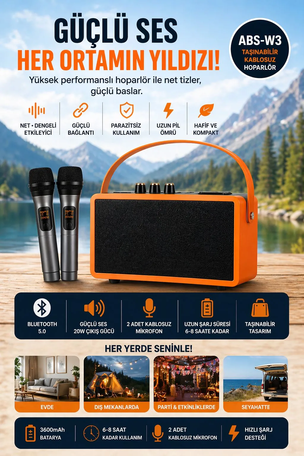 ABS-W3 Bluetooth Hoparlör – Mikrofonlu