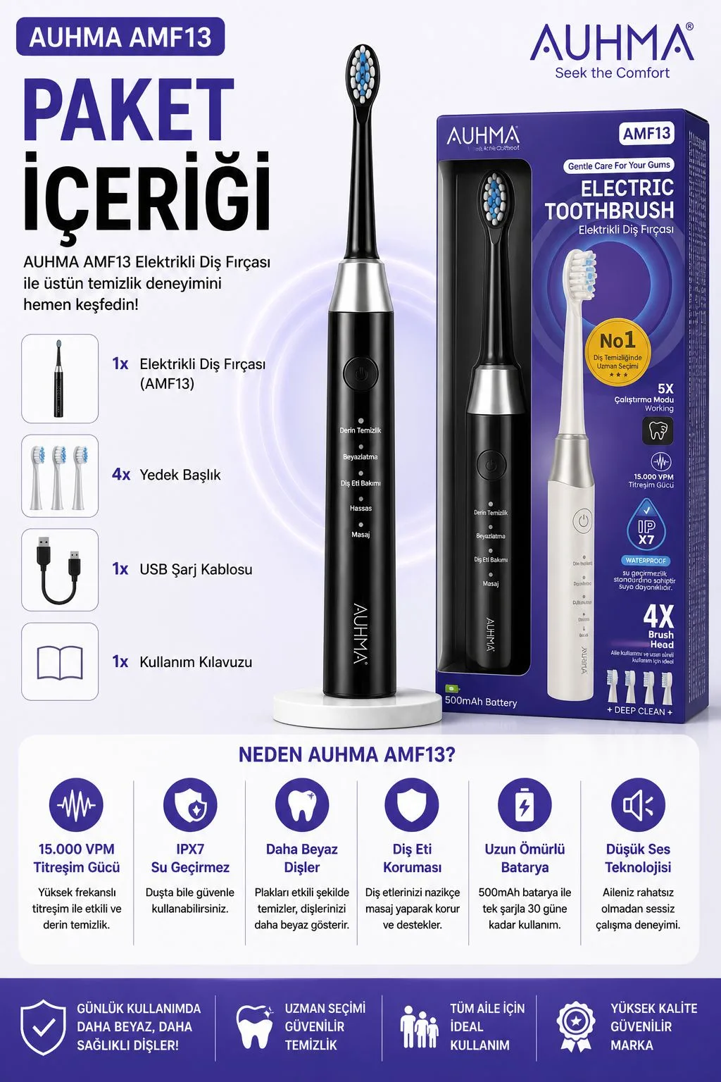 IPX7 Elektrikli Diş Fırçası – 5 Mod, Sonic – ürün görseli 5