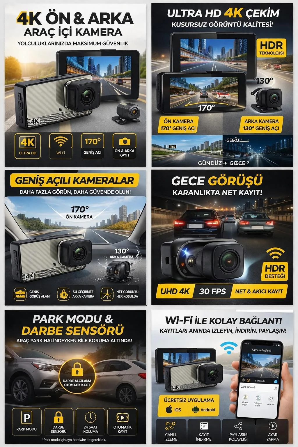 4K Ön Arka Araç Kamerası – WiFi, HDR, 170° – ürün görseli 7