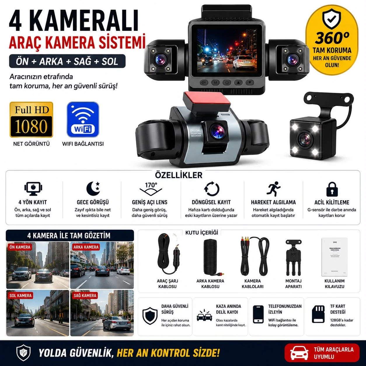 4 Kameralı Araç İçi Kamera – 1080P, WiFi, Gece Görüş – ürün görseli 6