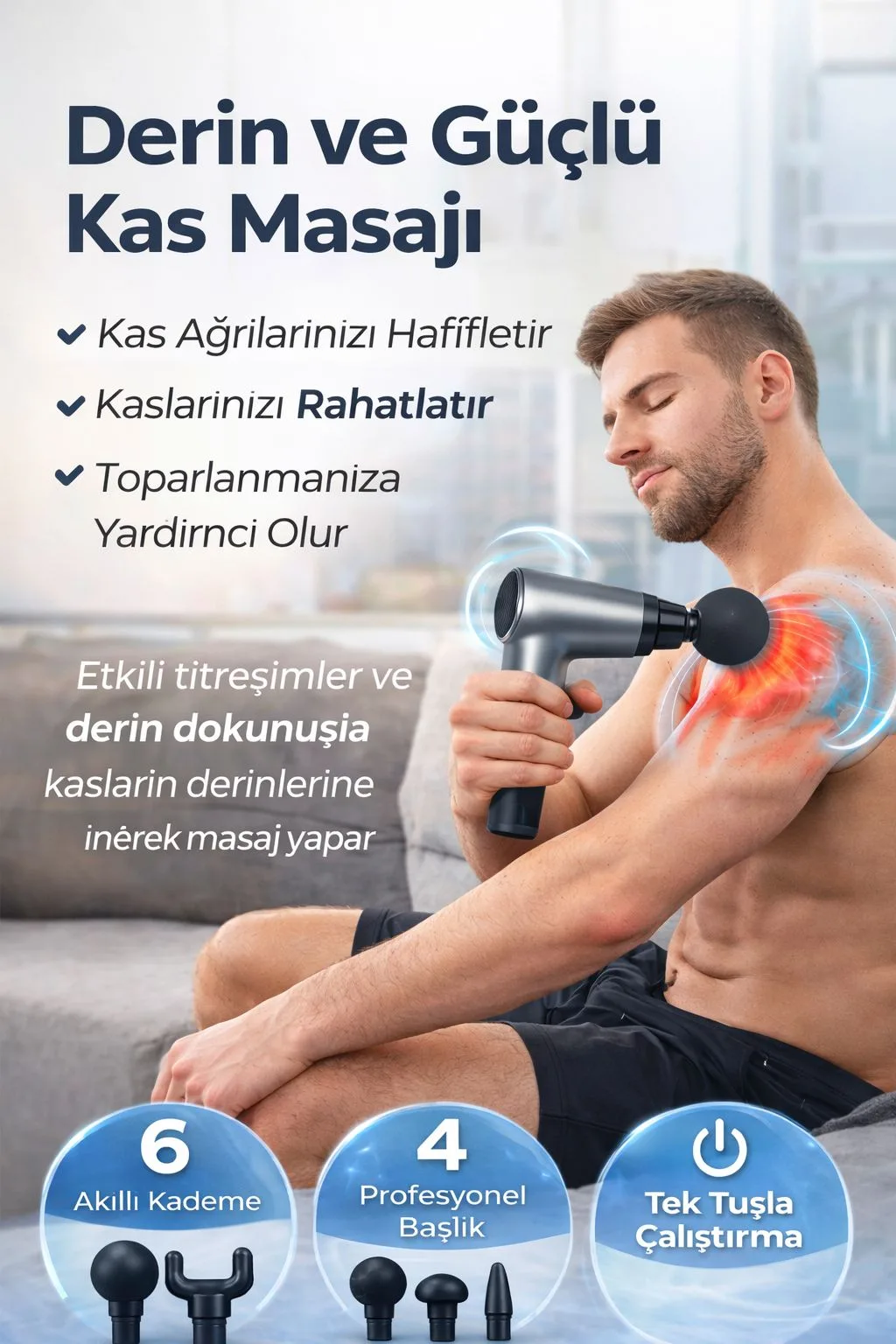 6 Kademeli Derin Doku Masaj Tabancası – Şarjlı – ürün görseli 2