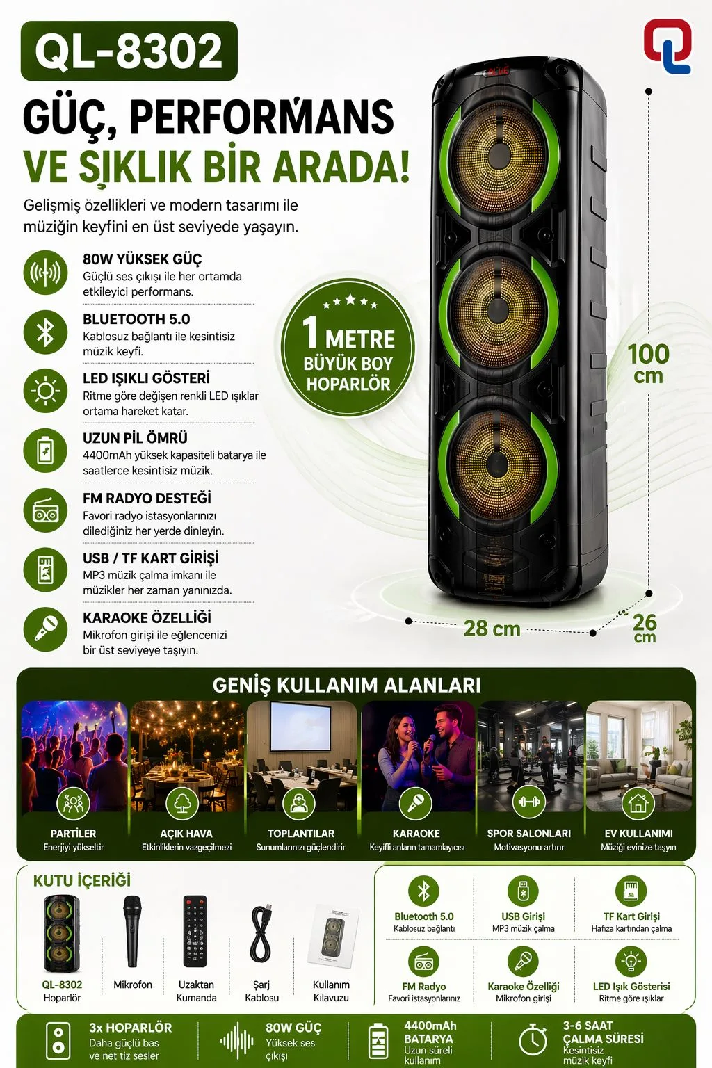 QL-8302 1 Metre Karaoke Bluetooth Hoparlör – LED – ürün görseli 3