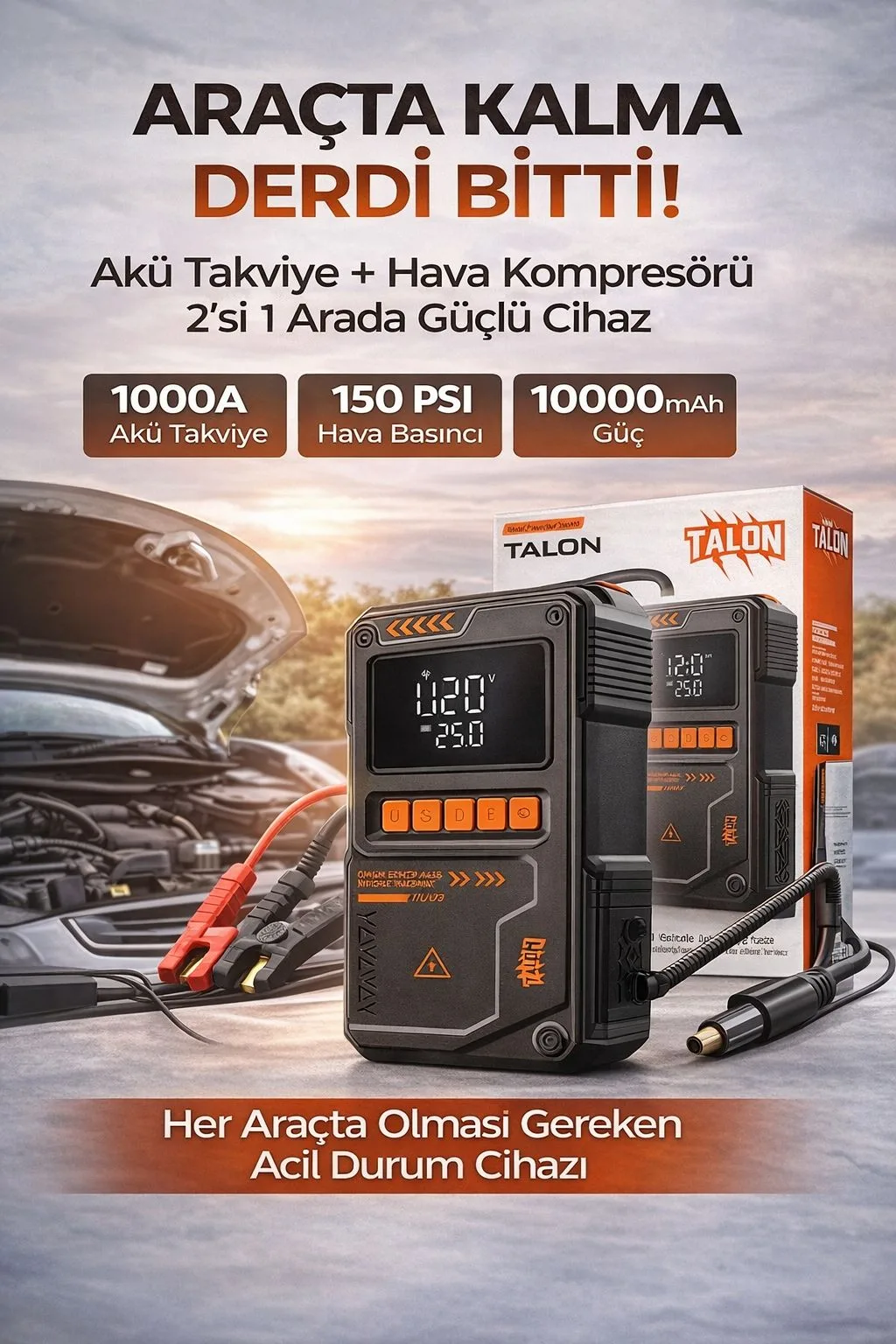 1000A Akü Takviye Cihazı – 150 PSI Kompresör, 10.000mAh
