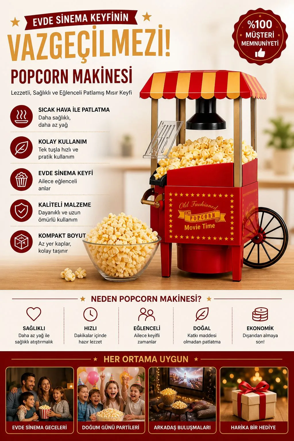 Retro Popcorn Makinesi – Ev Tipi Mısır Patlatma – ürün görseli 2