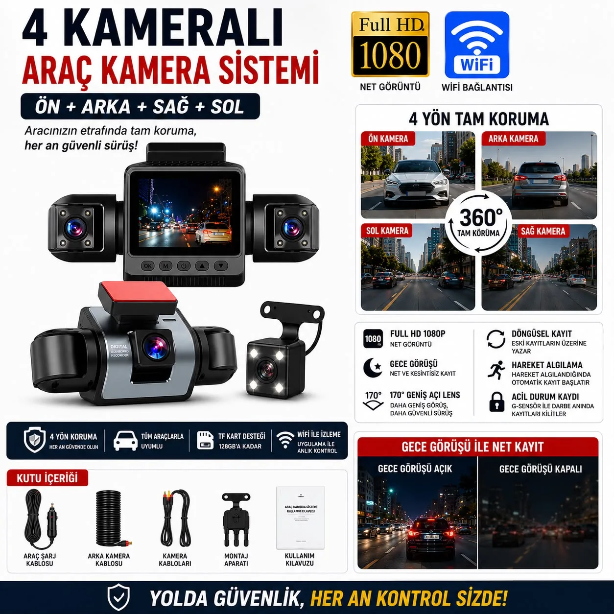4 Kameralı Araç İçi Kamera – 1080P, WiFi, Gece Görüş – ürün görseli 2