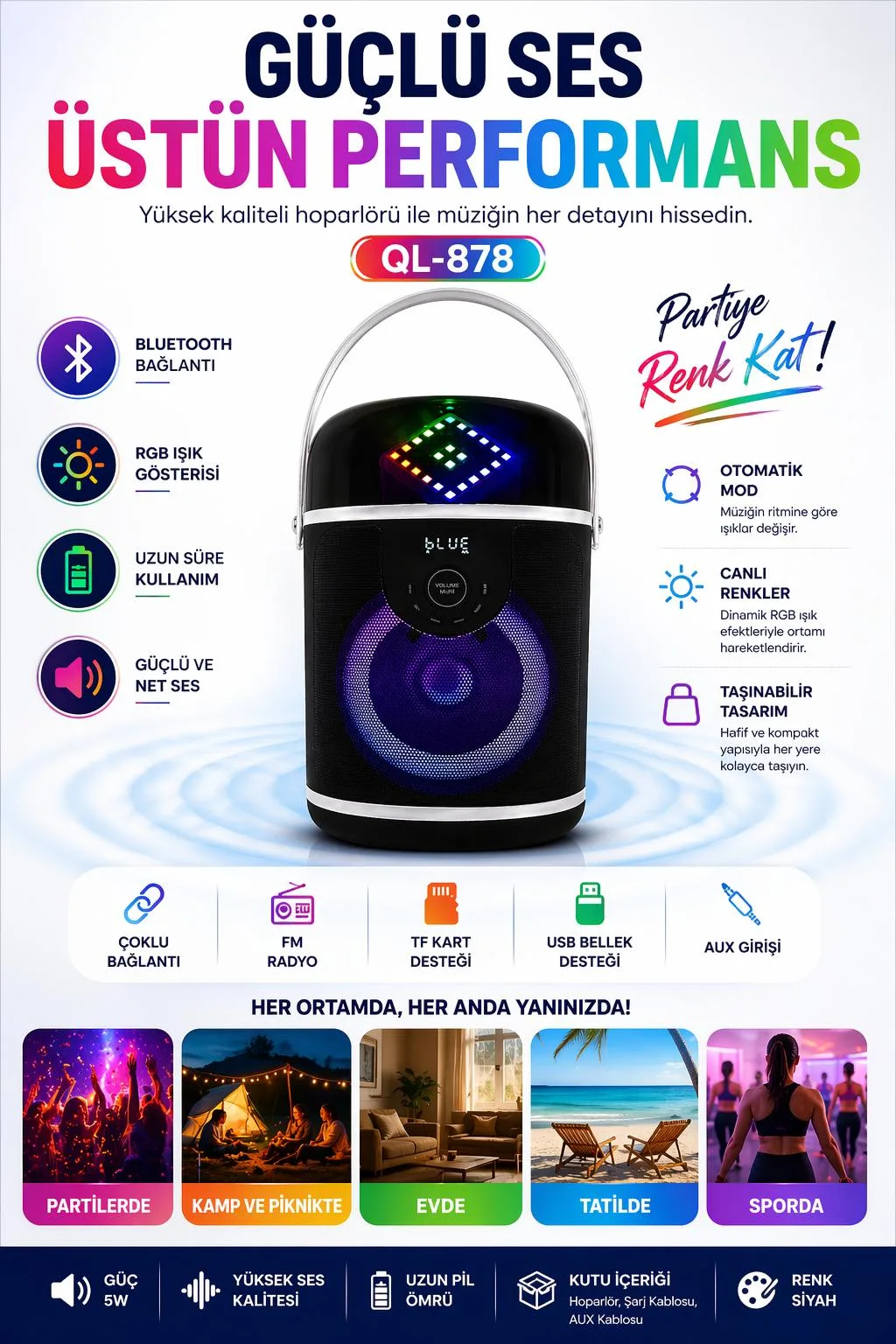 QL-878 Bluetooth Hoparlör – RGB, FM, USB, AUX – ürün görseli 2