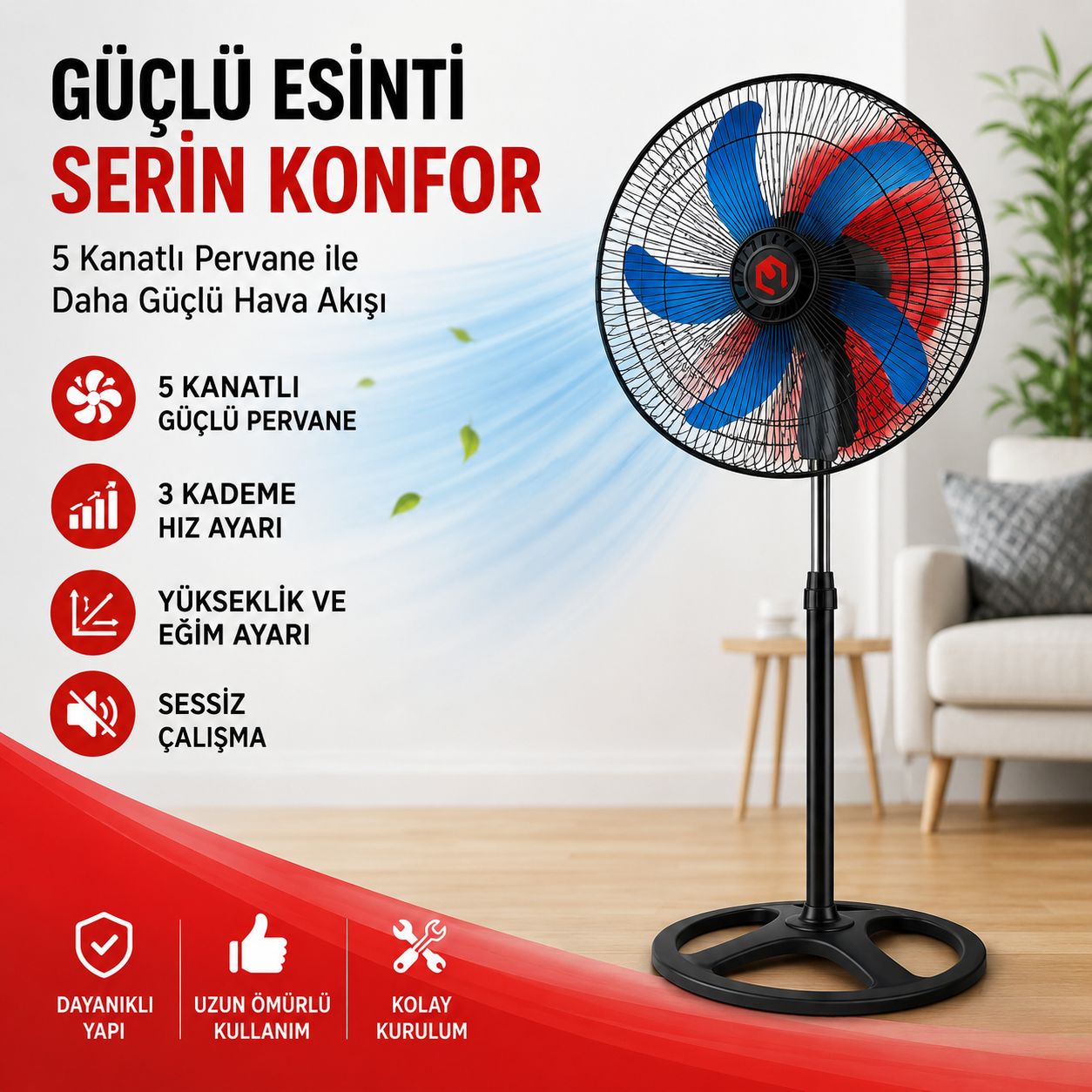 5 Kanatlı Ayaklı Vantilatör Sessiz Güçlü Serinletici 3 Kademeli Fan