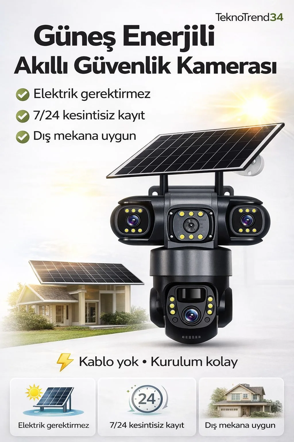 Solar Dış Mekân Güvenlik Kamerası – WiFi, 360°