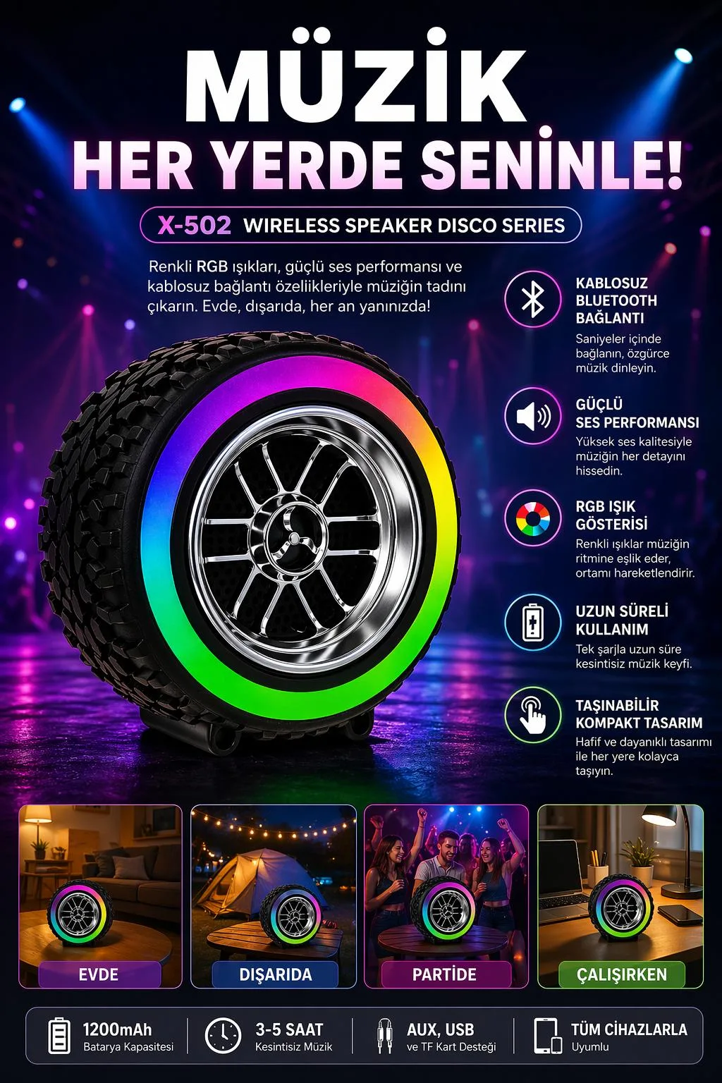 X-502 Mini Bluetooth Hoparlör – RGB, Güçlü Bas – ürün görseli 3