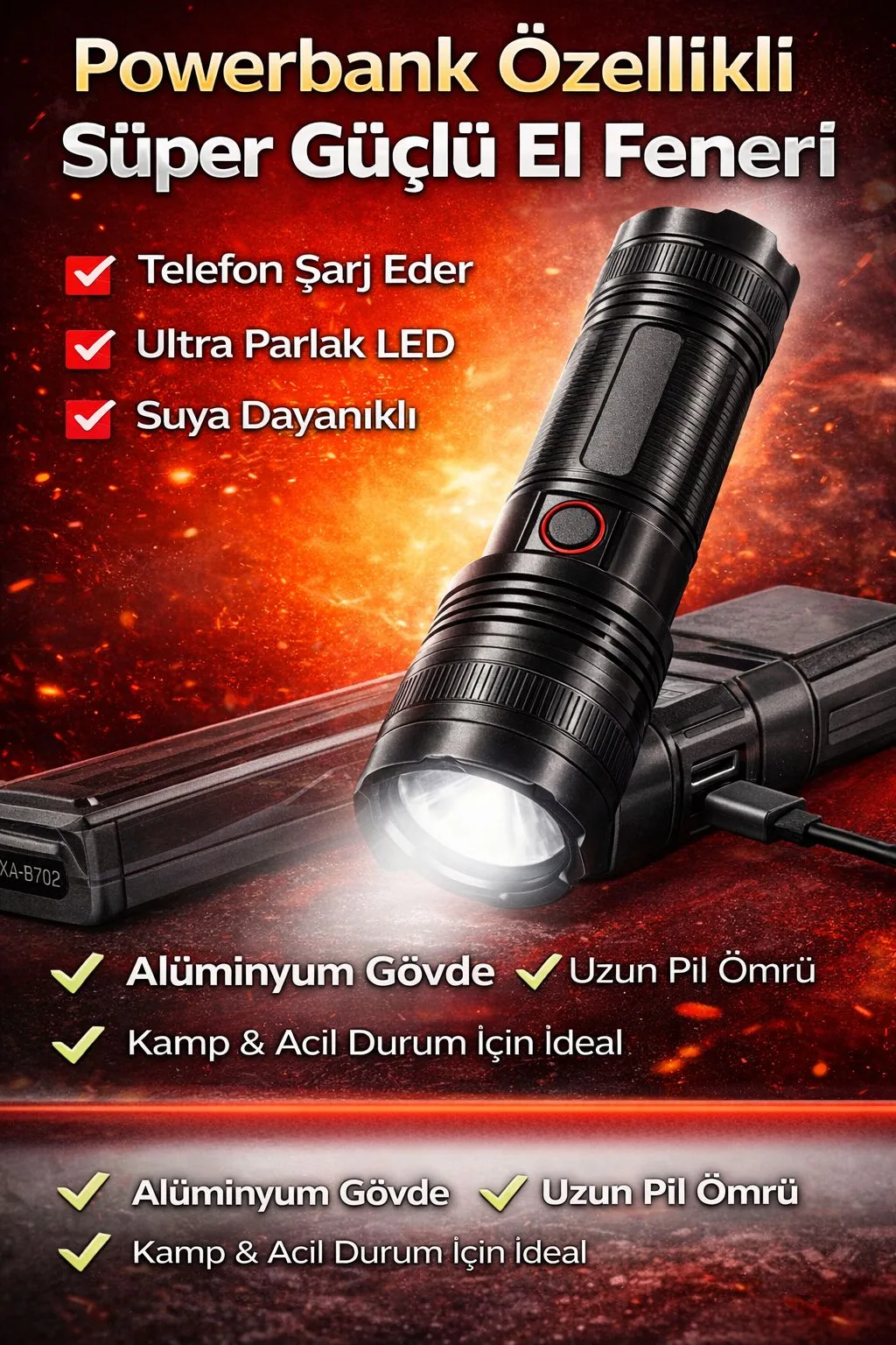 Powerbank Özellikli LED El Feneri – USB Şarjlı