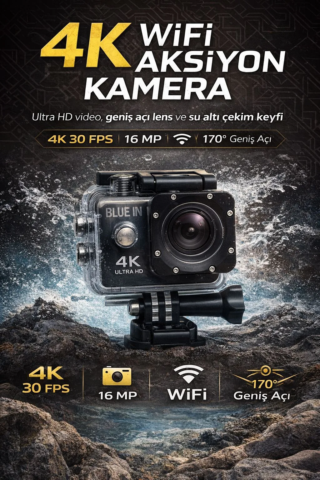 4K Aksiyon Kamerası – WiFi, 30FPS, 16MP