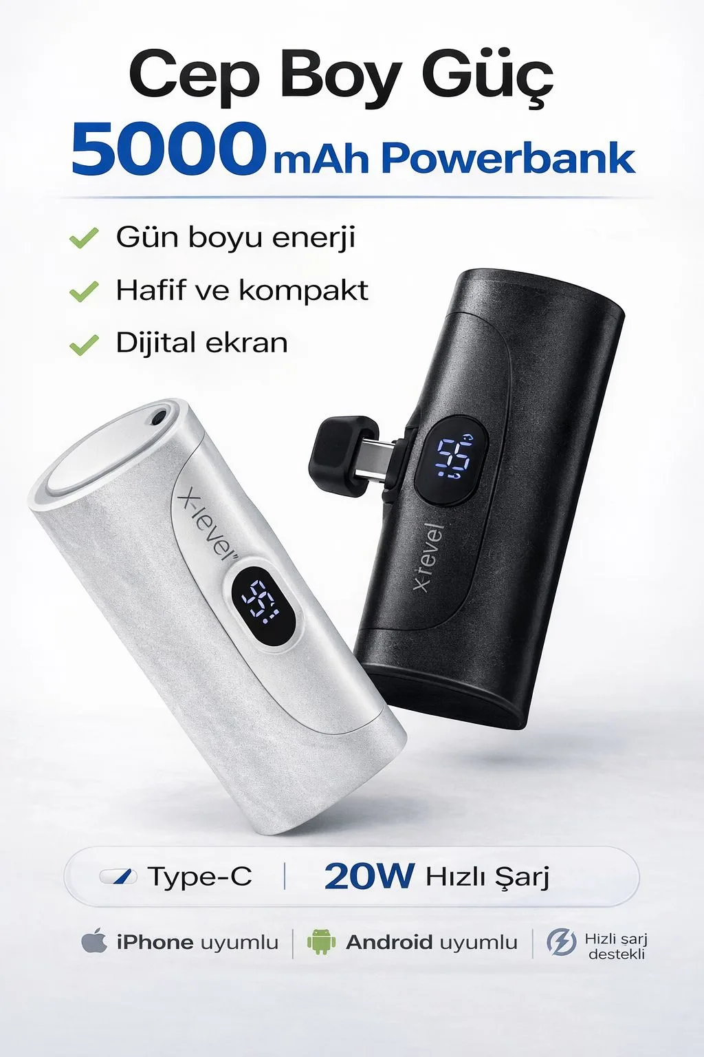 5000mAh Cep Boy Powerbank – 20W, Type-C, Dijital Ekran