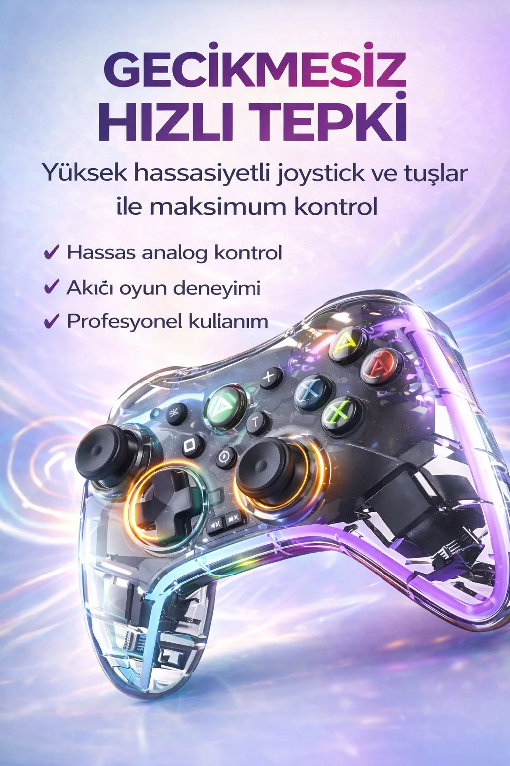 Şeffaf RGB Kablosuz Oyun Kolu – Titreşimli Gamepad – ürün görseli 3