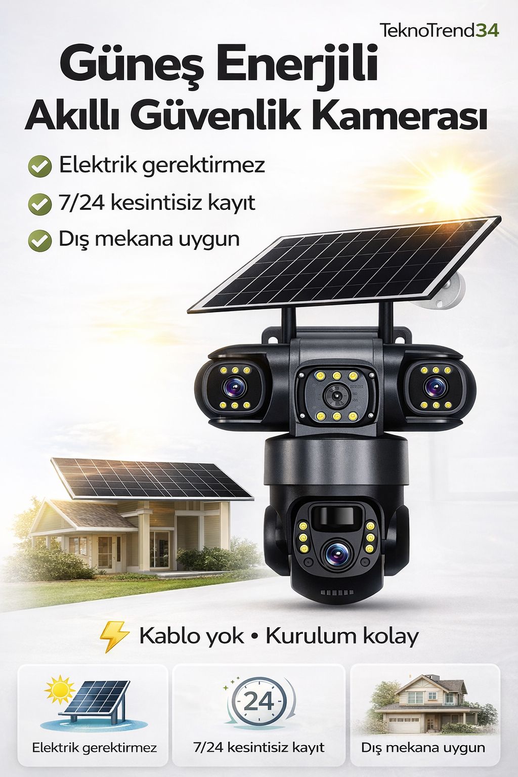 Güneş Enerjili Güvenlik Kamerası Kablosuz Wifi 360° Akıllı Dış Mekan Kamera Gece Görüşlü