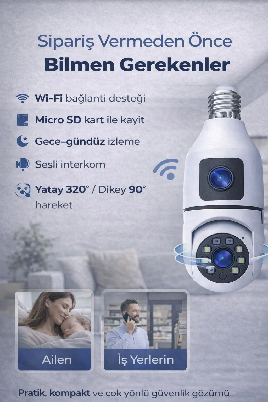E27 Ampul Güvenlik Kamerası – WiFi, 360°, Gece Görüş – ürün görseli 13
